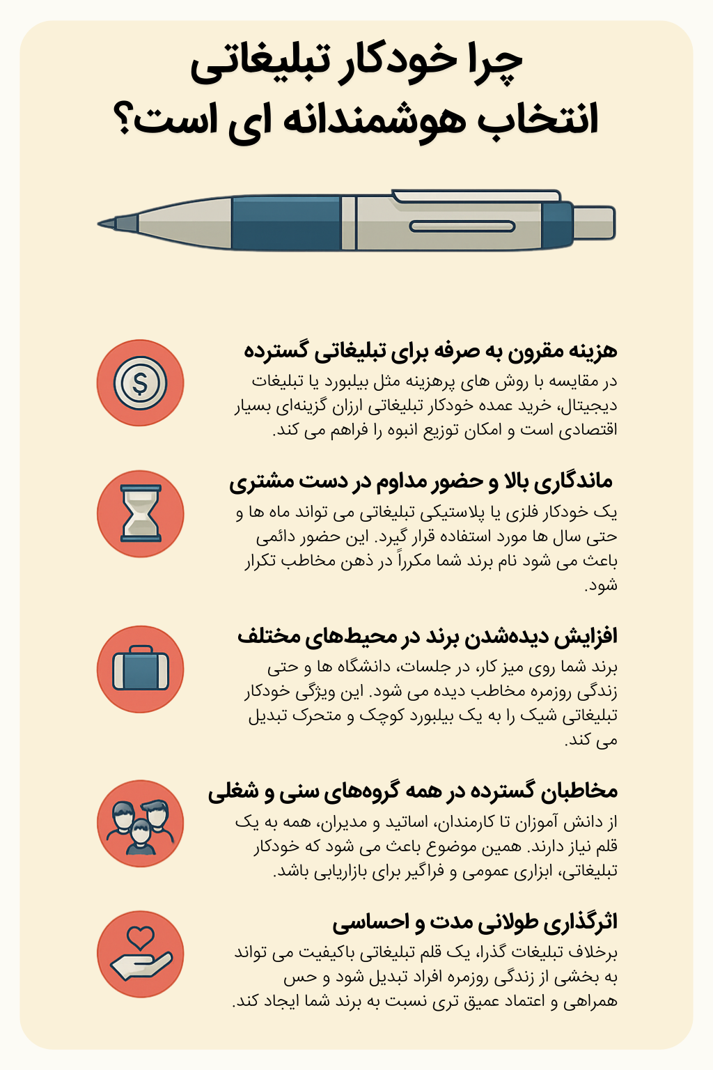 اینفوگرافی «چرا خودکار تبلیغاتی انتخاب هوشمندانه‌ای است» شامل توضیحاتی درباره مزایای استفاده از خودکار تبلیغاتی در بازاریابی برندهاست؛ از جمله هزینه مقرون‌به‌صرفه، ماندگاری بالا در دست مشتری، افزایش دیده‌شدن برند در محیط‌های مختلف، جذب مخاطبان در همه گروه‌های سنی و ایجاد ارتباط احساسی ماندگار با مشتریان. طراحی شده توسط WWW.ARAGIFTS.COM