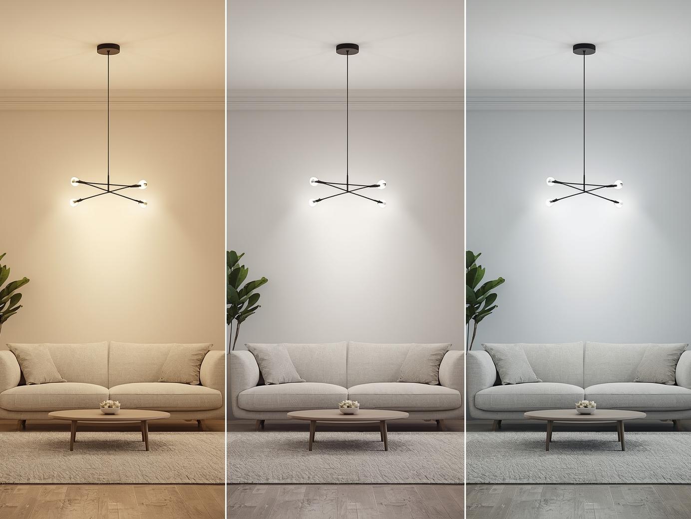 نمایی از یک اتاق نشیمن مدرن با سه نوع نور متفاوت؛ نور گرم، نور خنثی و نور سرد که توسط لوسترهای مدرن ایجاد شده و تفاوت دمای نور را نشان میدهد