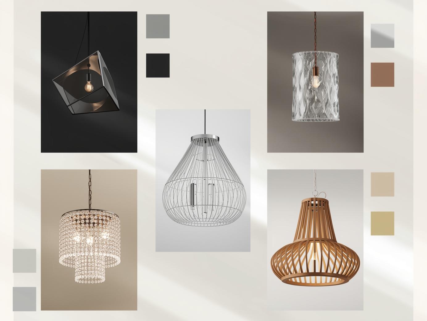 مقایسه متریال و رنگ لوستر مدرن شامل فلز مشکی، شیشه شفاف، کریستال نقرهای و چوب با جزئیات طلایی