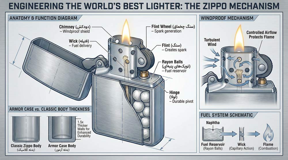 اینفوگرافی اجزای فندک زیپو