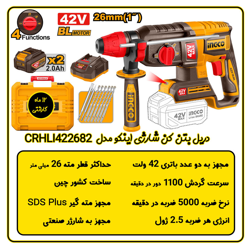 دریل بتن کن شارژی اینکو مدل CRHLI422682
