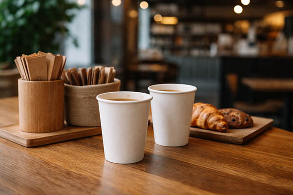 لیوانهای کاغذی در حال استفاده در کافیشاپ روی میز