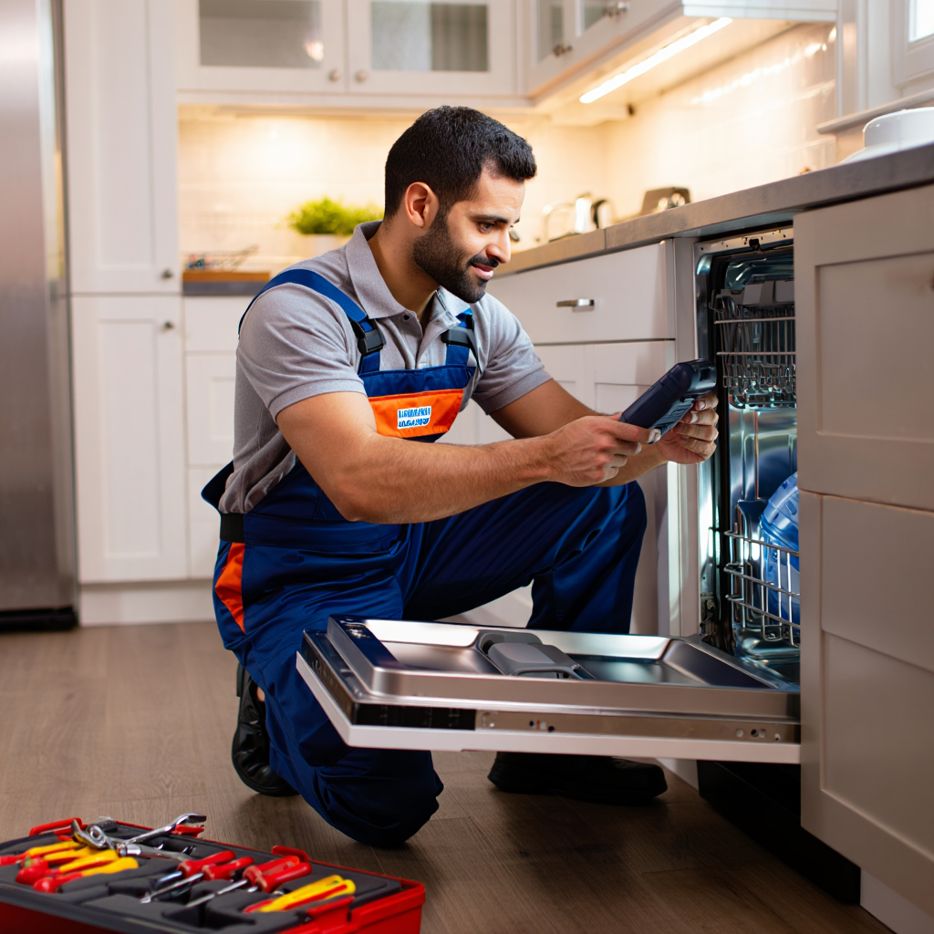 تصویر یک تعمیر کار ظرفشویی بسیار حرفه ای در حال تعمیر در نمایندگی دوو در مشهد