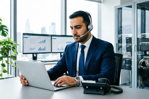 کارشناس فنی در حال پاسخگویی به تماسها با سیستم تلفن اینترنتی