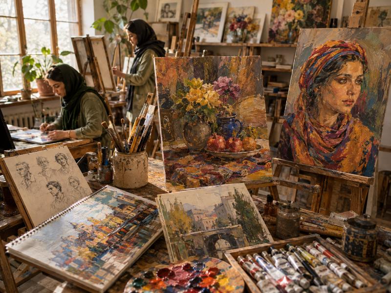مجموعه آثار متنوع هنرجویان شامل پرتره، طبیعت بی‌جان و منظره