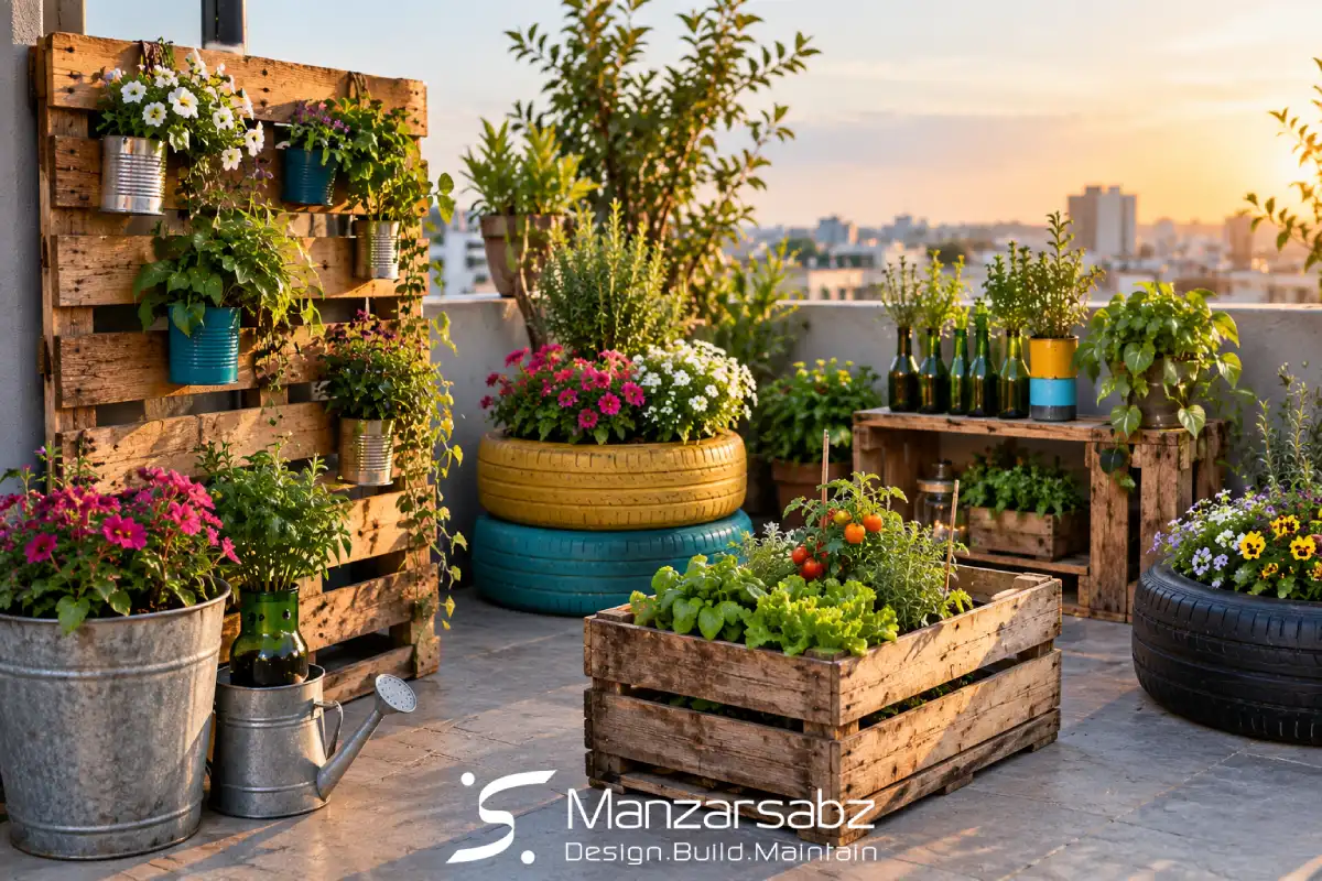 فضای سبز کوچک با وسایل ساده و دور ریختنی