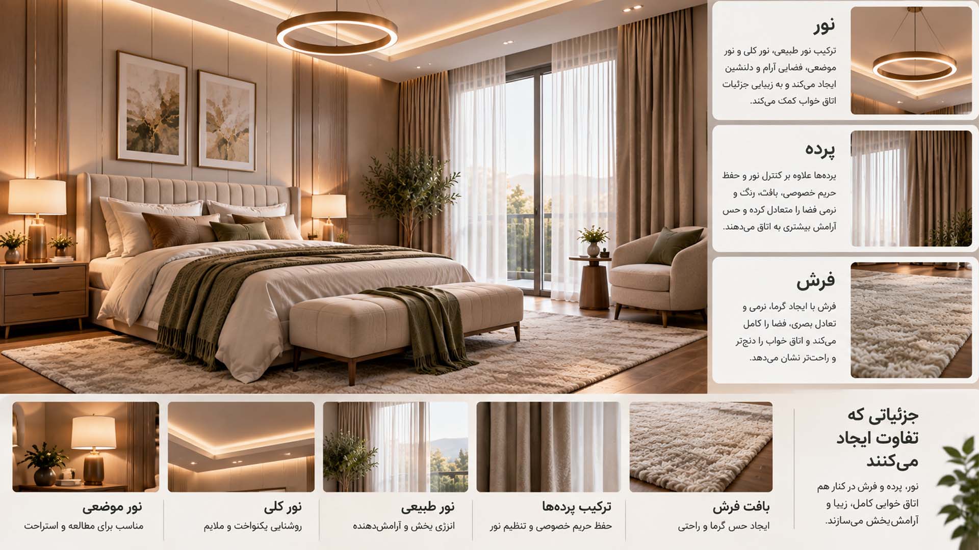 نور، پرده و فرش چگونه طراحی اتاق خواب را کامل می‌کنند؟