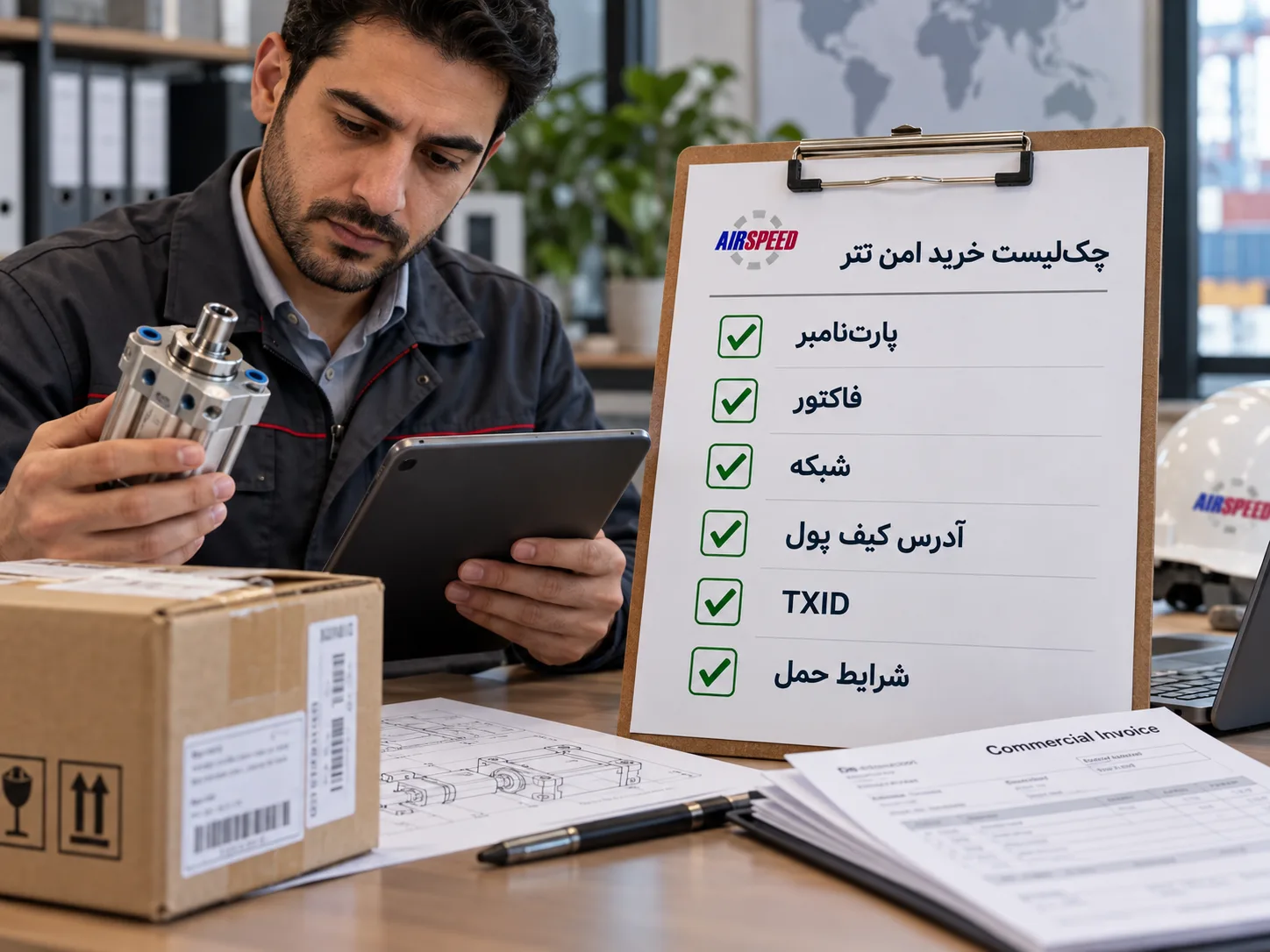 چک لیست خرید امن تجهیزات صنعتی با تتر شامل پارت نامبر، فاکتور، شبکه، آدرس کیف پول، TXID و شرایط حمل
