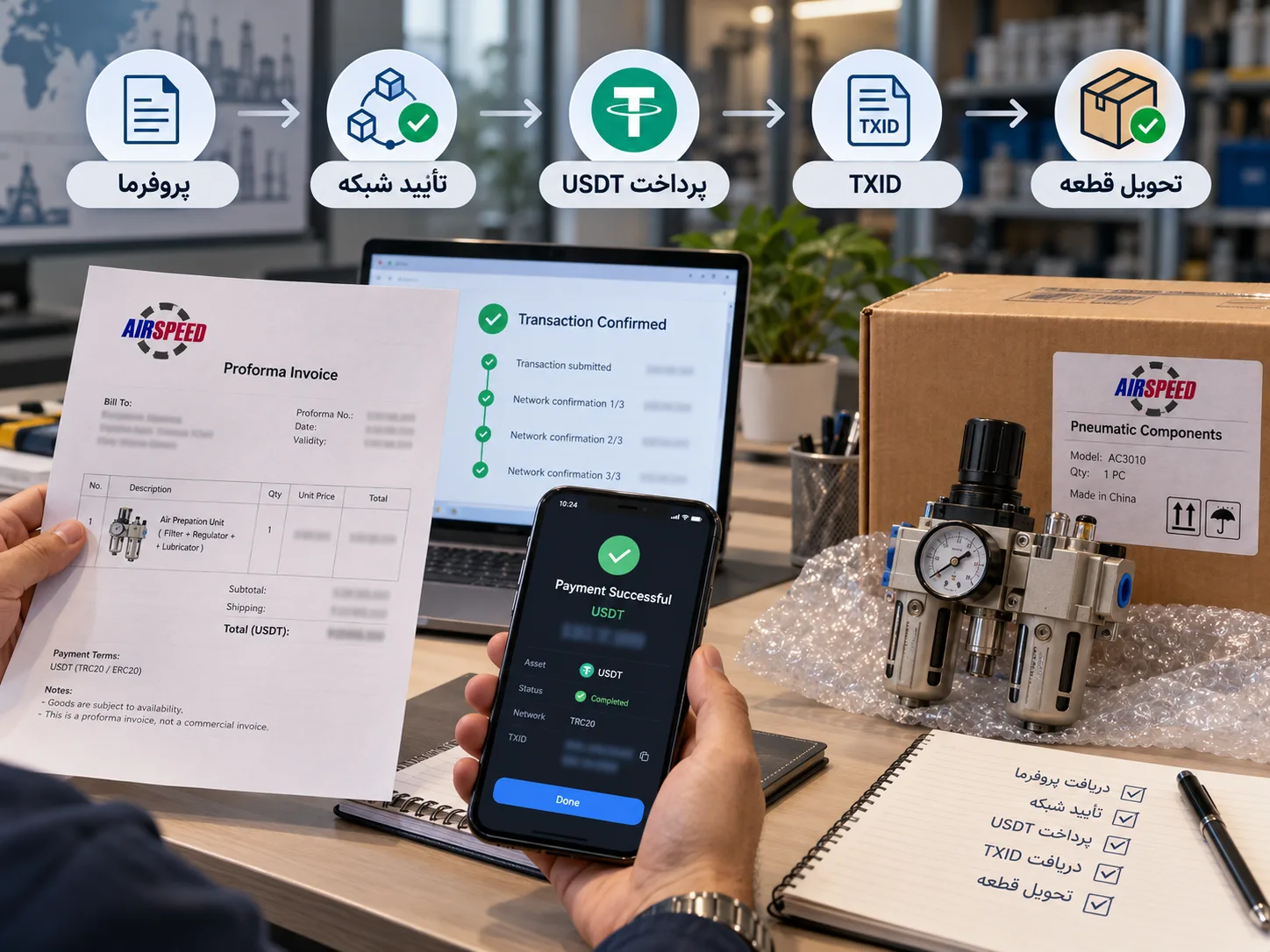 مراحل خرید قطعات پنوماتیک با تتر از دریافت پروفرما و تایید شبکه تا پرداخت USDT، دریافت TXID و تحویل قطعه