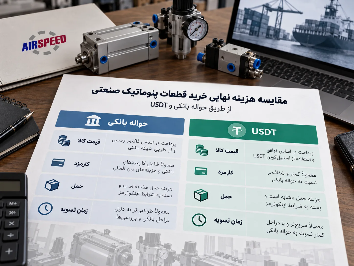 مقایسه هزینه خرید قطعات پنوماتیک با حواله بانکی و تتر بر اساس قیمت کالا، کارمزد، حمل و زمان تسویه