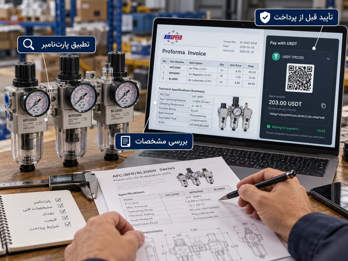 بررسی پارت نامبر و مشخصات فنی قطعات پنوماتیک پیش از پرداخت با تتر و تایید نهایی سفارش