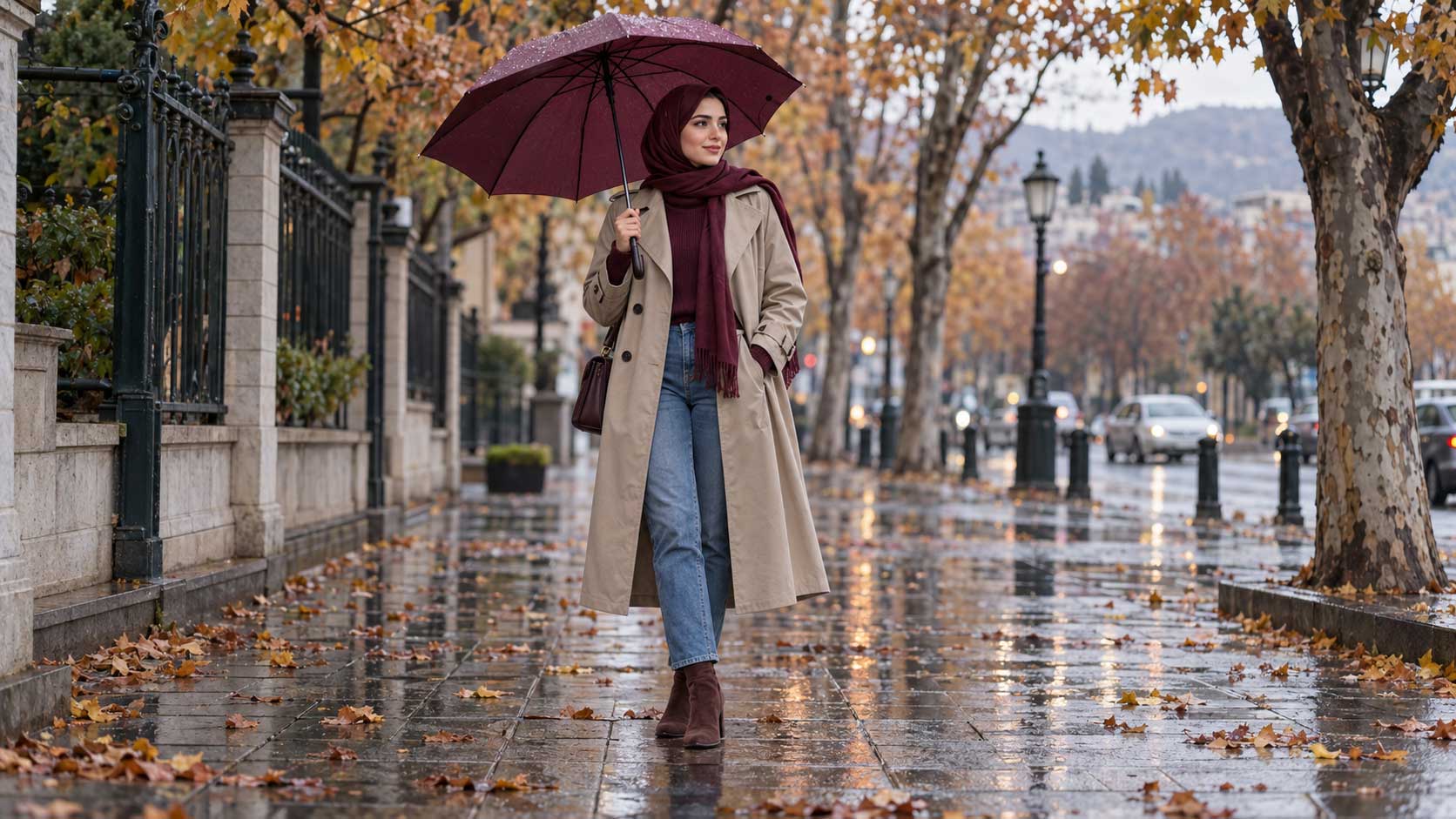 چگونه در پاییز 1405 استایل جذاب داشته باشیم؟ استایل روزهای بارانی پاییز با ترنچ کت زنانه کرم و نیم بوت
